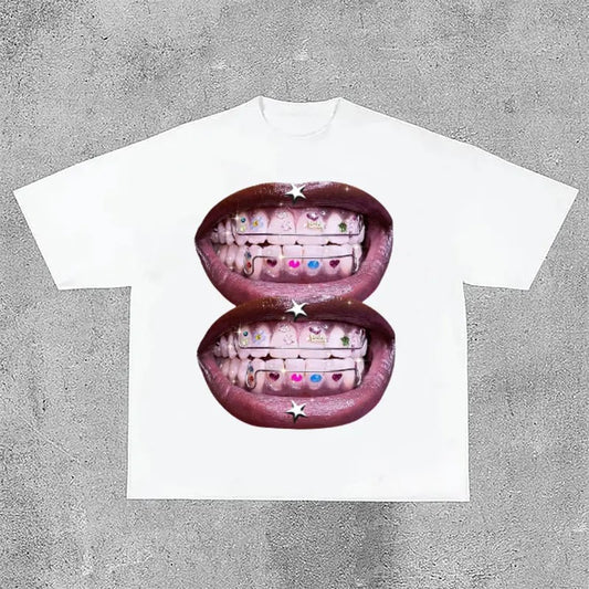Unisex Lip Graphic Print Street Cotton T-Shirt
