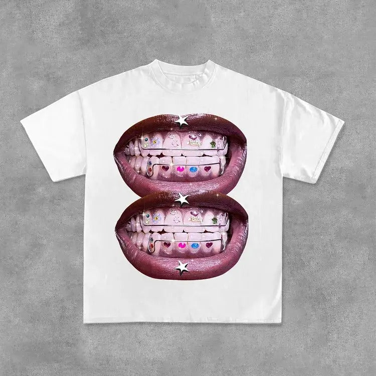 Unisex Lip Graphic Print Street Cotton T-Shirtstyle{n002}2