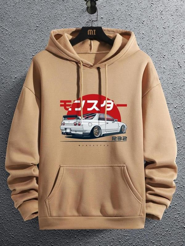 Unisex Men's Car Print Drop Shoulder Warm Essentials Hoodie, Fashion Soft Long Sleeve Casual Regular Fit Drawstring Pocket Pullover Hooded Sweatshirt for Holiday, Mens Gifts, Fall Streetwear Clothes Tops, hot tiktok trend