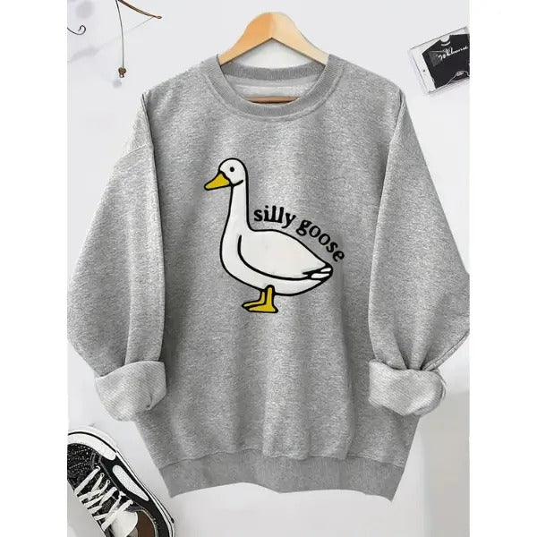 Unisex Men's Cartoon Goose & Letter Print Crewneck Graphic Sweatshirt, Essentials Sweatshirt, Loose Long Sleeve Graphic Sweatshirt, Trendy Casual Apparel