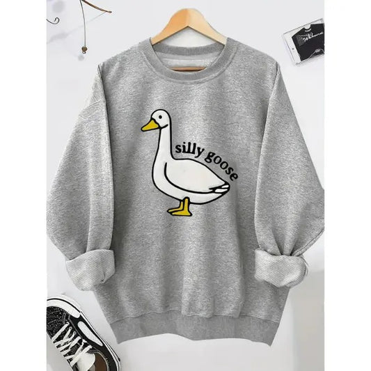Unisex Men's Cartoon Goose & Letter Print Crewneck Graphic Sweatshirt, Essentials Sweatshirt, Loose Long Sleeve Graphic Sweatshirt, Trendy Casual Apparel