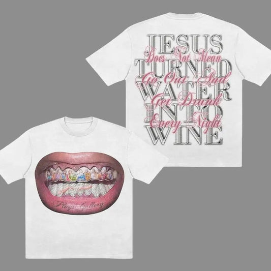 Unisex Mouth & Letter Print T-Shirt, Jesus Smiled Unisex T-Shirt, Crewneck, S-3XL, Mens & Womens Streetwear Tops &...