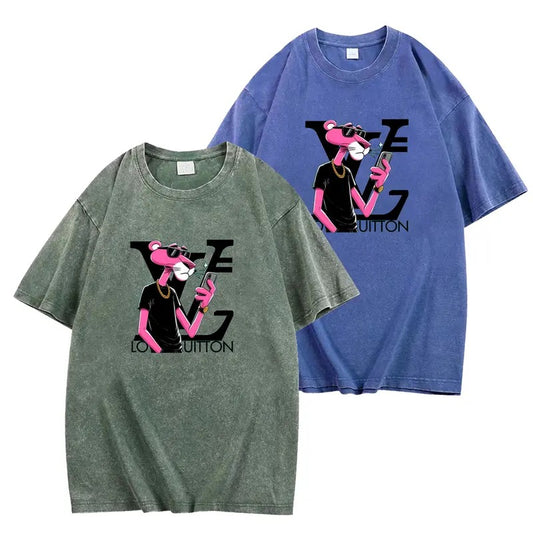 Unisex Vintage Washed Graphic T-Shirt,Trendy Cartoon Panther Print,Loose Fit Casual Summer Tee for Men & Women,Trendy Cartoon Panther T-Shirt!, Vintage Washed Streetwear Cool Comfy and Stylish