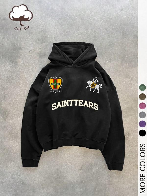 Unisex's "SAINTTEARS" Print Regular Washed Cotton Hoodie, Vintage Casual Tops for All Season, Trendy Outfit for Daily Wear