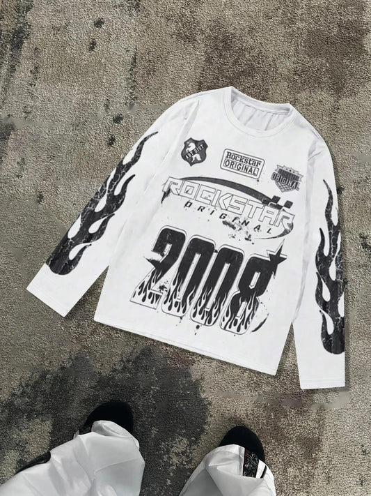 Unisex's Fire & Letter Print Long Sleeve Graphic Tee, Street Fashion Casual Round Neck T-shirt for Daily Wear, Unisex Top for Spring