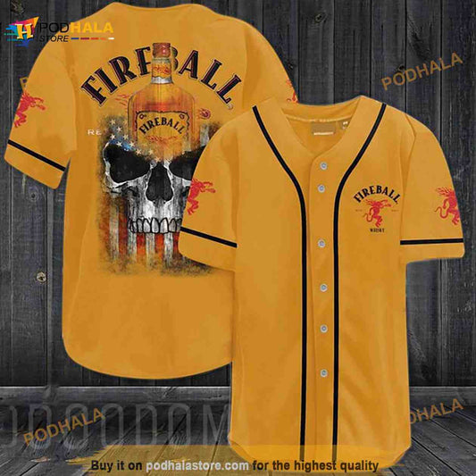 Us Flag Black Skull Fireball Cinnamon Whisky 3D Baseball Jersey