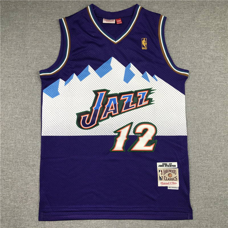 Utah Jazz #12 John Stockton MN Jazz 12 Purple Retro Gold Logo Style 2