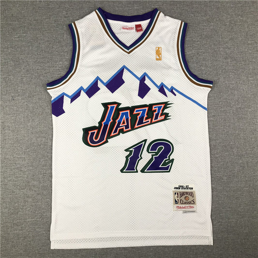 Utah Jazz #12 John Stockton MN Jazz 12 White Retro Gold Logo Style 2