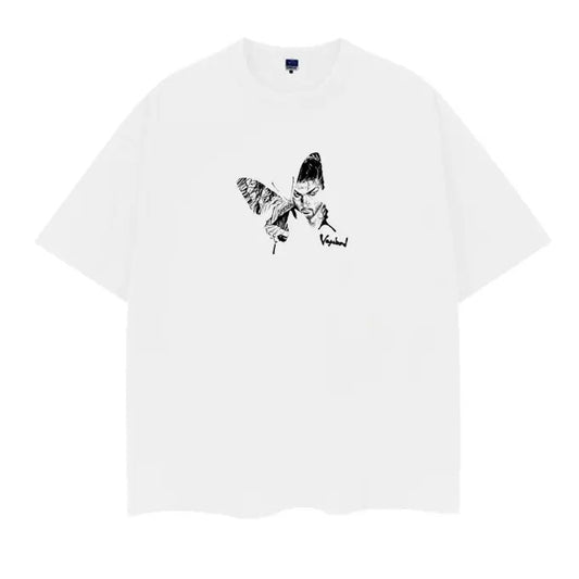 Vagabond "Butterfly Dream" Heavyweight Vintage Tee 100% Cotton OVERSIZED Anime T-shirt Menswear Top Crew Necks Tshirt Casual Streetwear Baggy Crewneck Tropical Shortsleeve