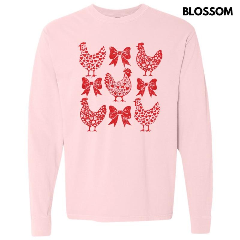Valentine Chickens Long Sleeve Comfort Colors T-Shirt Hoodie, Sweatshirt | InkThreadWorks.com