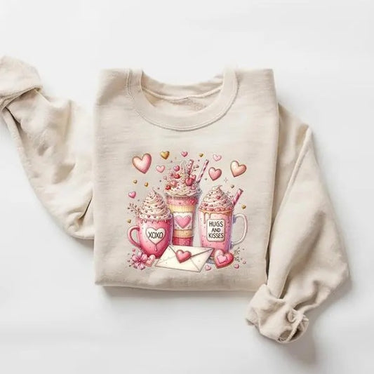 Valentine Coffee Sweatshirt, Womens Valentines Day Sweater, XOXO Sweatshirt, Coffee Lover Gift, Pink Coffee Valentine...