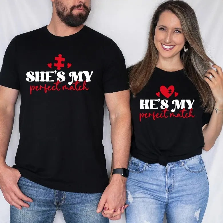 Valentine Couple Puzzle T-Shirt, She's My Perfect Match Shirt, Anniversary Gift Tee, Couple Matching Puzzle Tee, Couples...