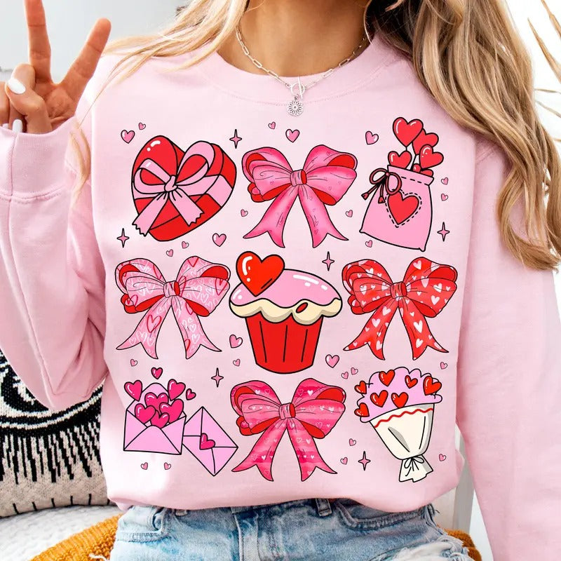 Valentine Heart Coquette Sweatshirt, Bow Valentine Shirt, Valentines Day Gift, Unisex Long Sleeve Crewneck Hoodie