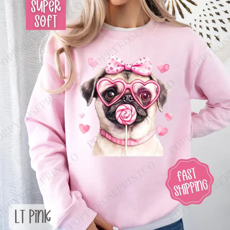 Valentine Pug Sweatshirt, Valentine's Day Crewneck, Cute Women's Sweater T-Shirts, Hoodie | InkThreadWorks.com