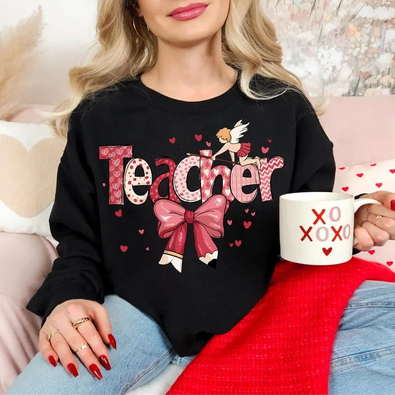 Valentine Teacher Coquette Bow Shirt, Teacher Coquette Valentine T-shirt, Teacher Coquette Bow Shirt Hoodie, Sweatshirt