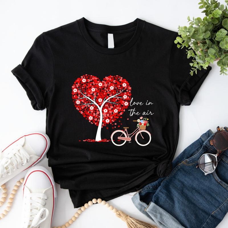 Valentines Couple Bike T-shirt, Valentines Heart Shirt, Love Balloons Tee, His And Hers Heart Tree Short Sleeve, Cute...