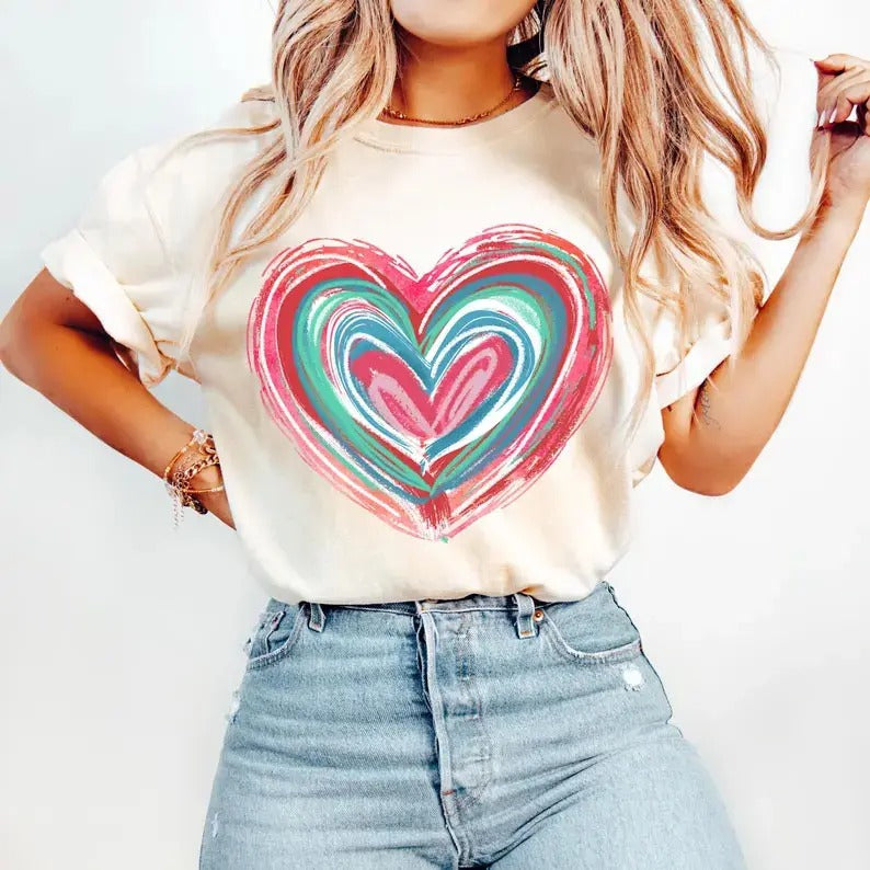 Valentines Day Heart Shirt, Brushstroke Valentines Shirt, Retro Valentine Shirt, Pink, Love Shirt, Girls Valentine Shirt,...