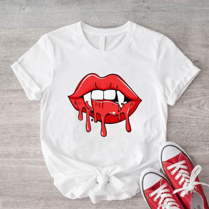 Vampire Lips Shirt, Trendy Vampire Fangs Shirt, Vampire Fan Gift Tee For Woman, Halloween Party T-Shirt, Lips Shirt For...