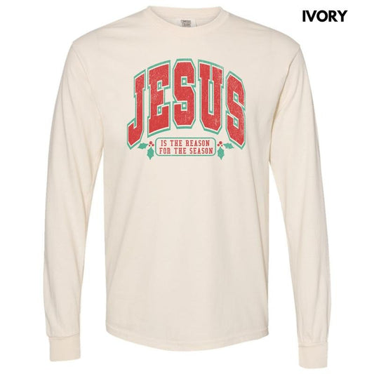 Varsity Jesus Red & Green Long Sleeve Comfort Colors T-Shirt 'NLB' Hoodie, Sweatshirt | InkThreadWorks.com