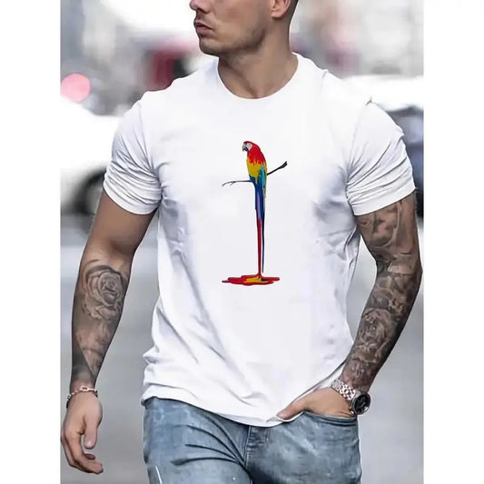 Vibrant Artistic Melting Parrot Graphic Print Tee - Soft Comfy Short Sleeves, Relaxed Fit, Trendy Casual Style, Perfect for Summer Outdoor Activities and Beach Trips Made in USA