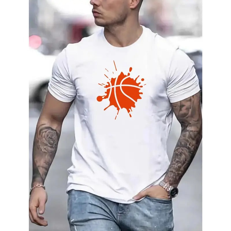 Vibrant Basketball Graphic Print Crew Neck T-shirt - Short Sleeve, Casual, Breathable, Soft, Summer Outdoor Wear for Men - Creative Design, Relaxed Fit, Easy Care Made in USA