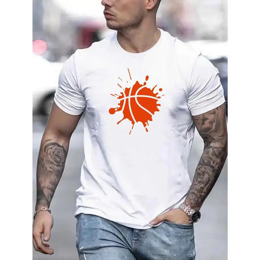 Vibrant Basketball Graphic Print Crew Neck T-shirt - Short Sleeve, Casual, Breathable, Soft, Summer Outdoor Wear for Men - Creative Design, Relaxed Fit, Easy Care Made in USA