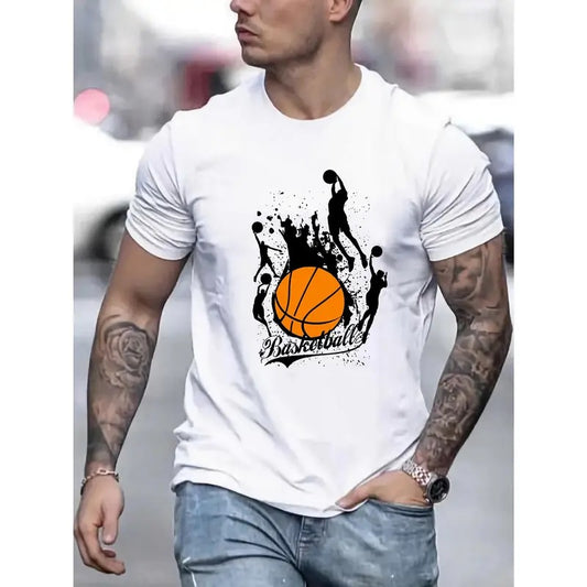 Vibrant Basketball Graphic Print T-shirt - Comfortable Short Sleeve, Classic Crew Neck, Ultra-Casual Wear - Perfect for Mens Summer Wardrobe, Ideal for Outdoor Activities Made in USA