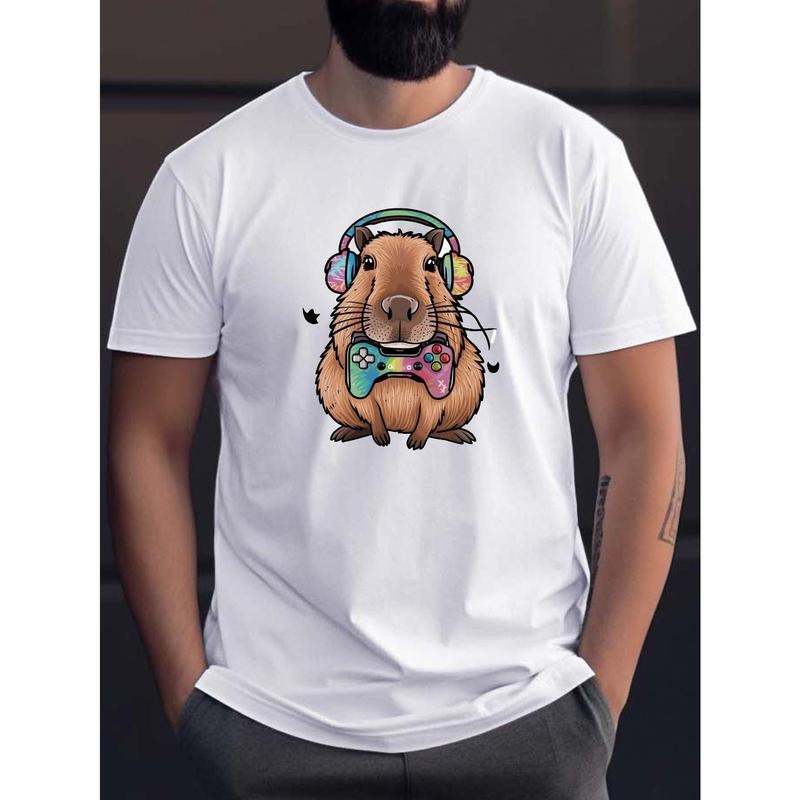 Vibrant Capybara Graphic Tee - Men's Casual Round Neck T-Shirt - Comfortable Fit, Simplistic Style, Soft Fabric, Everyday Wear, Perfect for Gamers and Animal Lovers Made in USA