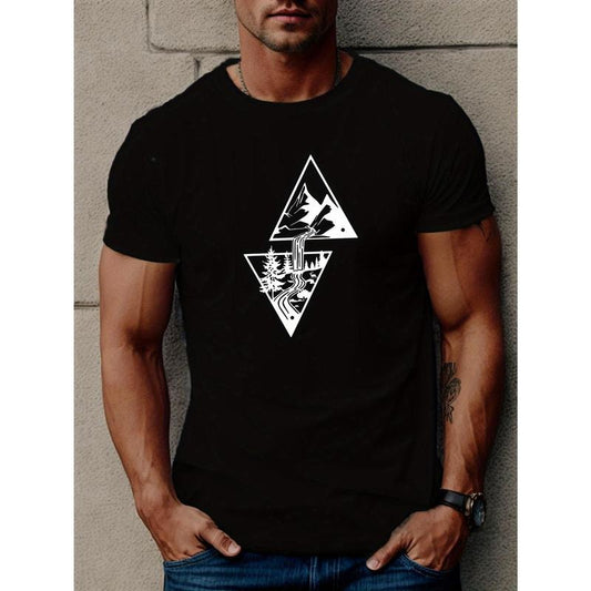 Vibrant Mountains and Creek Graphic Print Tee Shirt - Men's Casual Short Sleeve T-Shirt for Summer - Comfortable, Breathable, and Stylish Made in USA