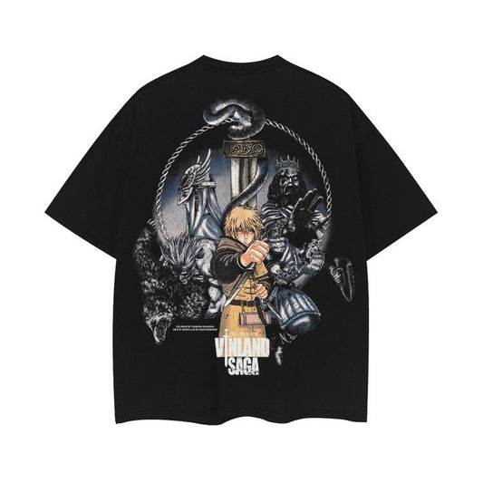 Vinland Saga "Battle Stance" Vintage Oversized Tee Anime T-shirt 100% Cotton Original Design Men's Top Black Casual Menswear Tshirt