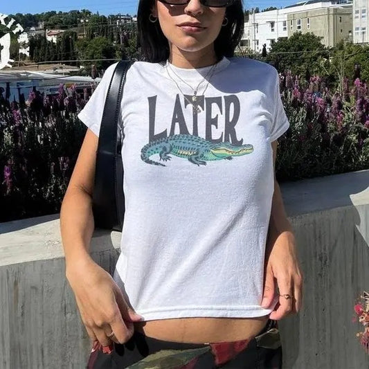 Vintage 90s Y2K Baby Tee - Later Gator Graphic Print Retro Cropped T-Shirt for Men and Women - Funky Streetwear Top Statement - Classic Fit, Breathable Cotton Fabric