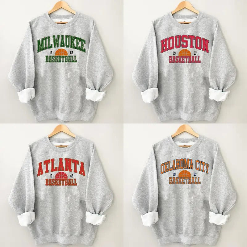 Vintage Basketball All Team shirt Sweatshirt - Retro Graphic Tee for Milwaukee, Houston, Oklahoma, Atlanta Fans