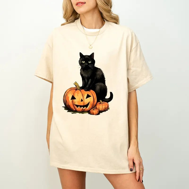 Vintage Black Cat Pumpkin Sweatshirt, Retro 90s Halloween Shirt, Black Cat Pumpkin Shirt, Pumpkin Face Shirt, Fall...