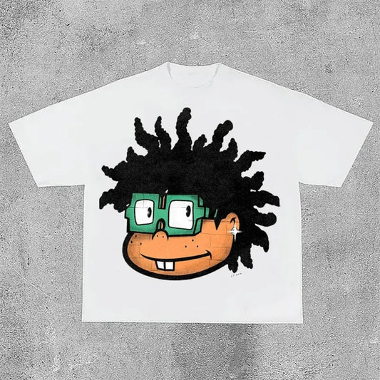 Vintage Cartoon Avatar Print Graphic Cotton T-Shirt