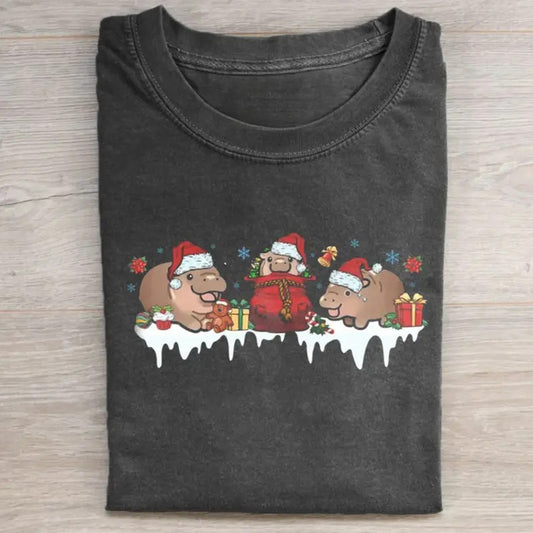 Vintage Christmas Funny Moo Deng Graphic Tee - Santa Claus - Christian Christmas - Cute Xmas Shirt - Christmas Gift