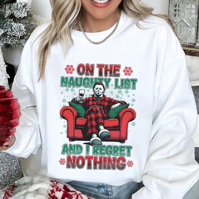 Vintage Christmas Shirt, Michael Myers Christmas Shirt On The Naughty List And I Regret Nothing Funny Xmas Shirt T-Shirt