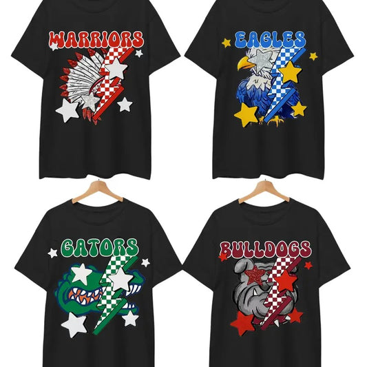 Vintage College Mascot Lightning Bolt-Checkered with Stars NCAA T-shirt, School Spirit Shirt, Football Preppy Mascot Shirt, Mascot Game Day T-shirt, Vintage T-shirt All Teams NCAA, Classic Sport T-shirt, Gifts For Sport. Cotton