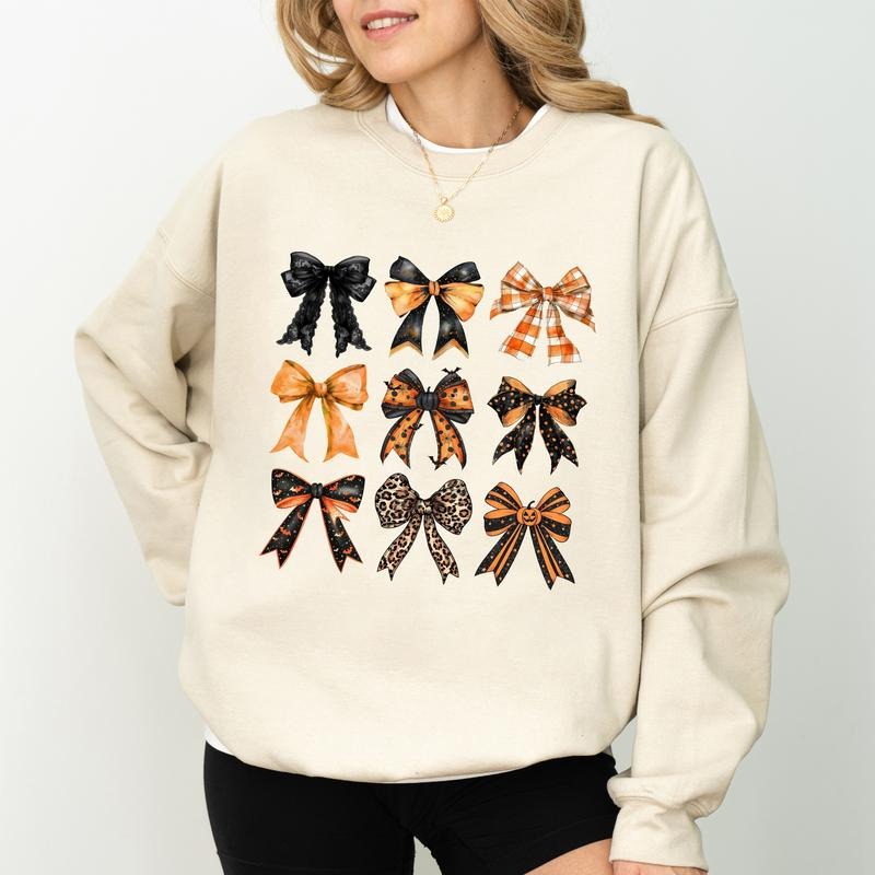 Vintage Fall Halloween Coquette Bow Sweatshirt, Autumn Bow Crewneck, Halloween Pumpkin Bow Sweater, Fall Vibes Shirt for...