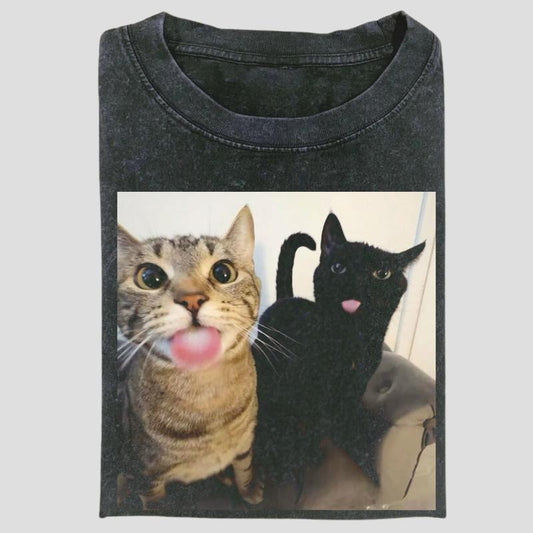 Vintage Funny Couple Cats Graphic Tee, Tongue Out Meme Shirt, Cute Pet Humor Style, Unisex Menswear Womenswear Top