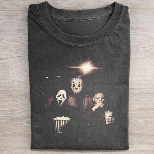 Vintage Ghostface, Michael Myers and Jason Voorhees Watching Movie in Theater Graphic Tee - Scream, Halloween and the Friday the 13th Movie Shirt - Horror Characters Tee - Iconic Villains From Horror Films - Spooky Season - Trick or Treat - Fall Season