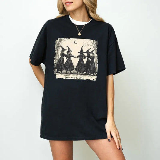 Vintage Girls Will Be Girls Witch  Shirt, Funny Witch Vintage Shirt, Vintage Halloween Women Shirt, Witchy Vibes Shirt