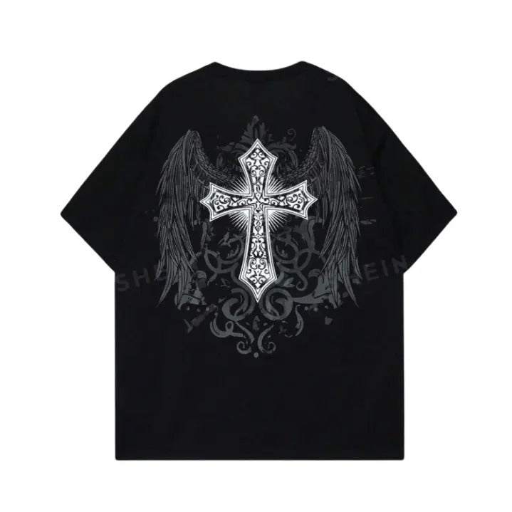 Vintage Goth Men Cross & Wings Print Graphic Tee, Sweatshirt, Hoodie Gift For Women Top Womenswear Underwear Cotton Polyester T-Shirt