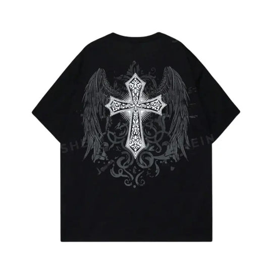 Vintage Goth Men Cross & Wings Print Graphic Tee, Sweatshirt, Hoodie Gift For Women Top Womenswear Underwear Cotton Polyester T-Shirt