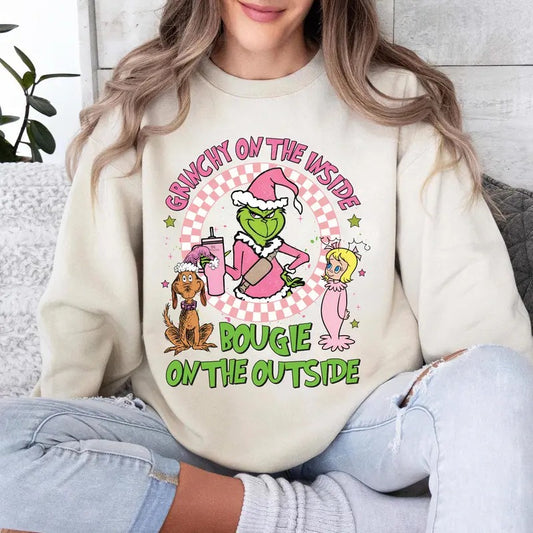 Vintage Grlnchy On The Inside Sweatshirt, boujiee on the outside Christmas grinnch sweatshirt, Lady Casual Round Neck...
