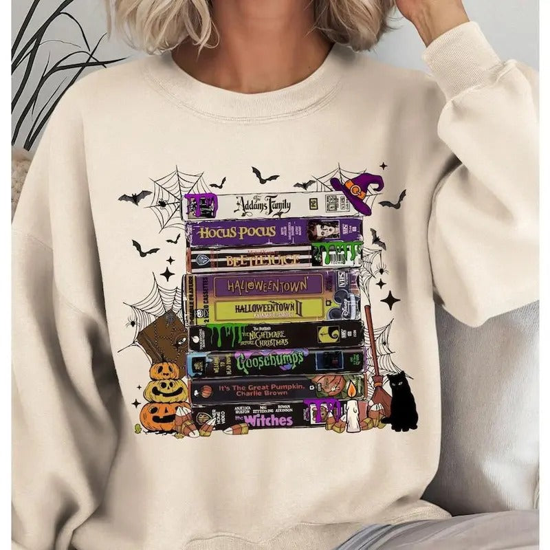 Vintage Halloween VHS Movies Sweatshirt, Retro Horror VHS Movies Shirt, Vintage Spooky Season VHS Movies Shirt, Halloween Sweatshirt Women Cotton Fit