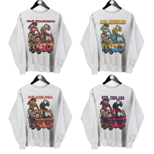 Vintage Horror Character Halloween Movie All Team Football Ash Grey Sweatshirt, Football Halloween Spooky Season Classic Menswear Crewneck Soft