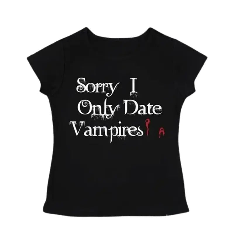 Vintage I Only Date Vampires Baby Tee, Y2k Top Women Streetwear, Gothic Emo Girl Baby Tee, Grunge 2000s, Casual Cotton...