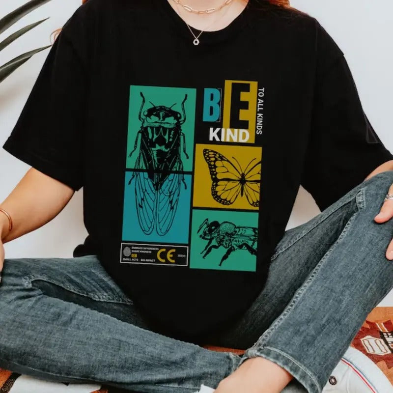 Vintage Insect Shirt, Be Kind To All Kinds Bug Tshirt, Cicada Butterfly Bee Entomology Aesthetic Tee, Teacher...