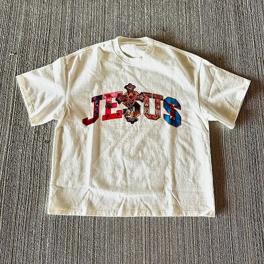 Vintage Jesus Graphic 100% Cotton T-Shirt vintage  shirts Crewneck Menswear Top Apparel Polyester Tshirt Streetwear Wetsuit Shortsleeve Tropical Casual Biker