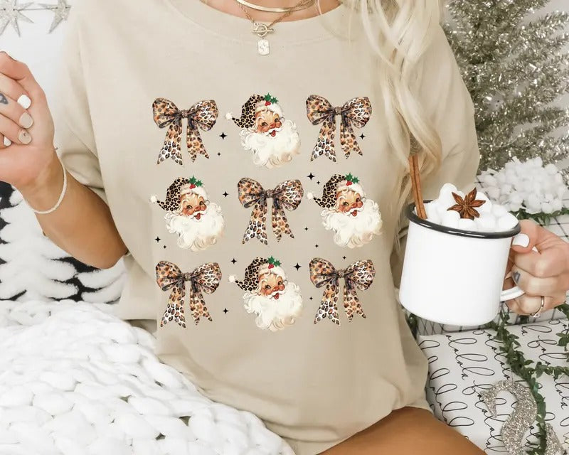 Vintage Leopard Santa Christmas Shirt - Coquette Bows and Santa Holiday Graphic Tee - Casual Winter Softstyle Unisex T-Shirt